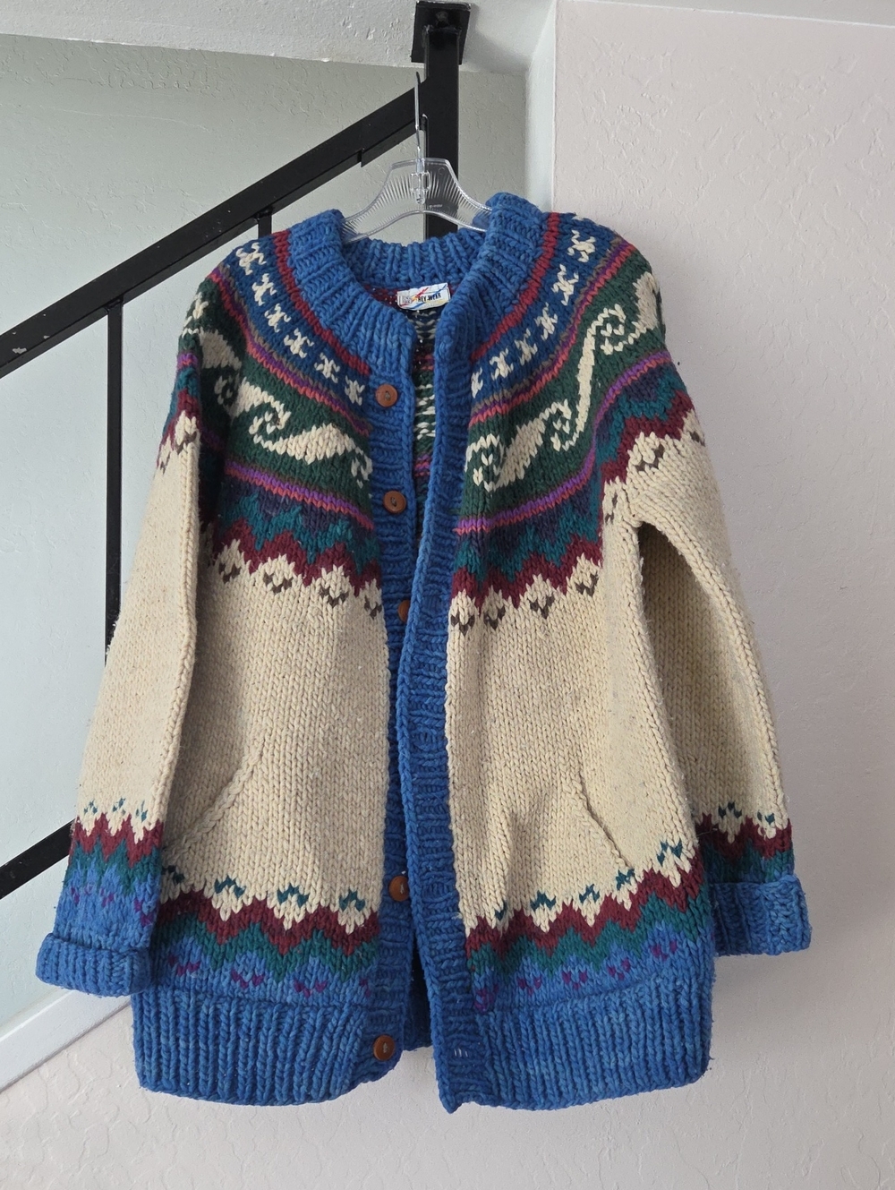 Hand-Knit Cream & Blue Fair Isle Cardigan Sweater